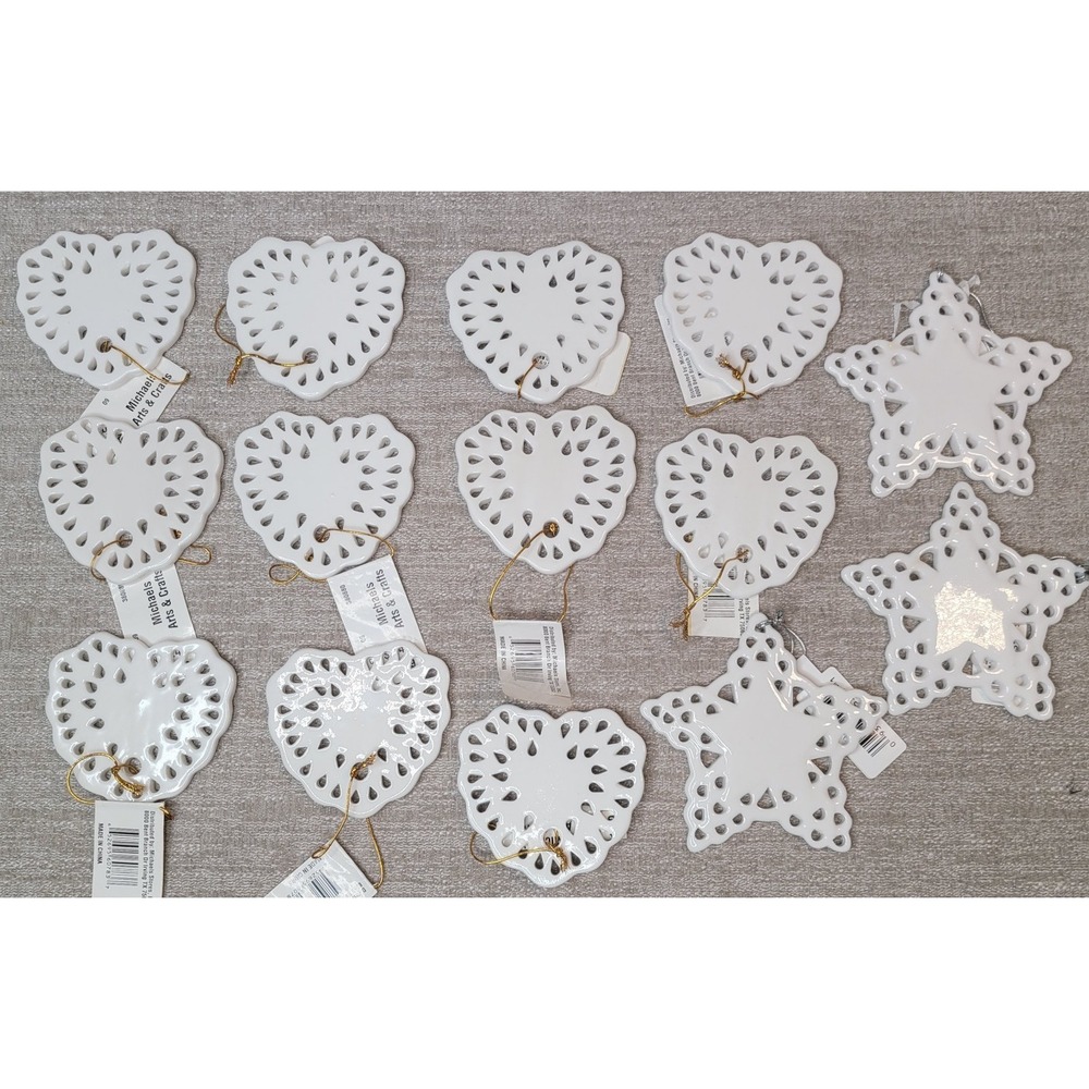 Michaels Christmas Ornaments 11 Hearts & 3 Stars Ceramic Cut Out New w/ Tags